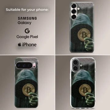 Mysterious hacker holding a Bitcoin with digital code background phone case — Collage