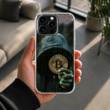 Mysterious hacker holding a Bitcoin with digital code background phone case — Lifestyle