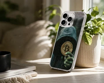 Mysterious hacker holding a Bitcoin with digital code background phone case — Lifestyle
