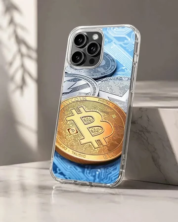 Vibrant currency design featuring Bitcoin and other coins on a phone case