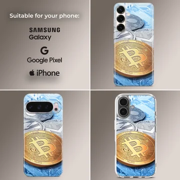 Vibrant currency design featuring Bitcoin and other coins on a phone case — Collage