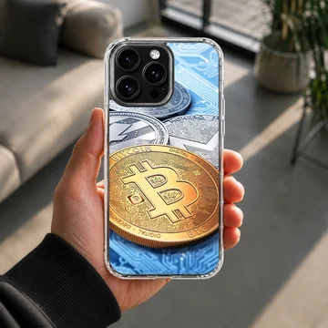 Vibrant currency design featuring Bitcoin and other coins on a phone case — Lifestyle