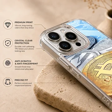 Vibrant currency design featuring Bitcoin and other coins on a phone case — Info