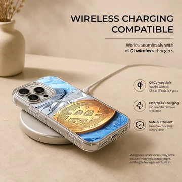 Vibrant currency design featuring Bitcoin and other coins on a phone case — Charging