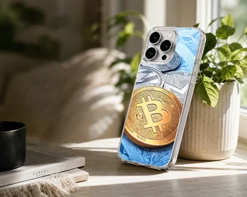 Vibrant currency design featuring Bitcoin and other coins on a phone case — Lifestyle