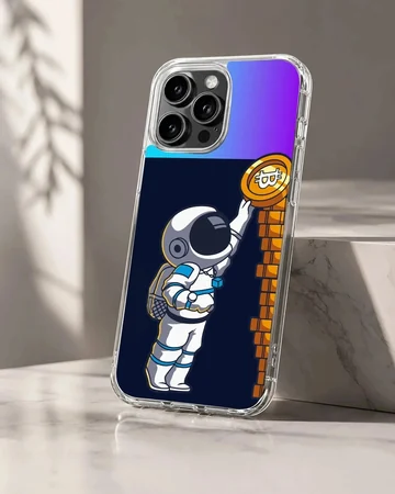 Playful astronaut reaching for a coin on a blue background phone case