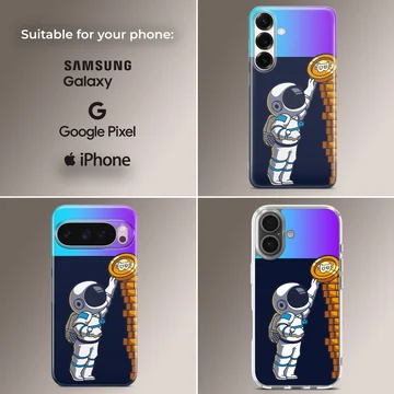 Playful astronaut reaching for a coin on a blue background phone case — Collage