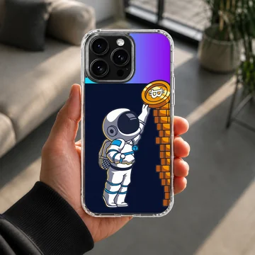 Playful astronaut reaching for a coin on a blue background phone case — Lifestyle
