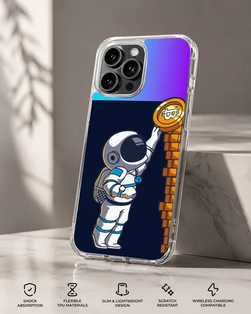 Playful astronaut reaching for a coin on a blue background phone case — Specs