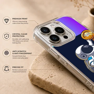 Playful astronaut reaching for a coin on a blue background phone case — Info