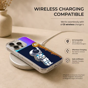 Playful astronaut reaching for a coin on a blue background phone case — Charging