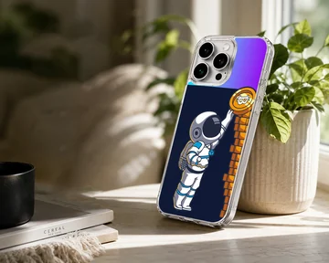 Playful astronaut reaching for a coin on a blue background phone case — Lifestyle