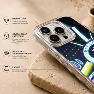Bitcoin design in vibrant colors on a Crypto phone case — Info