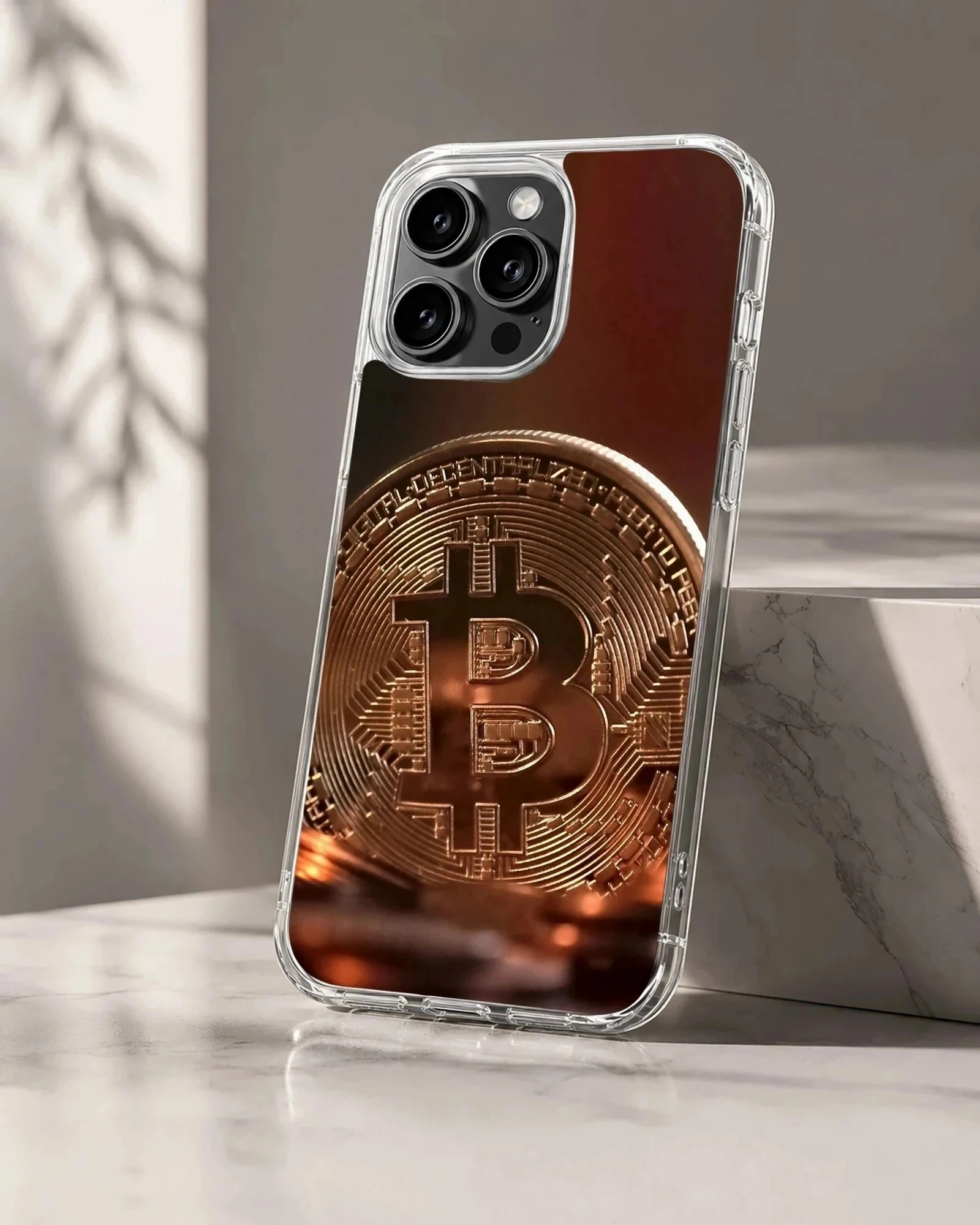 Close-up of a Bitcoin design on a phone case