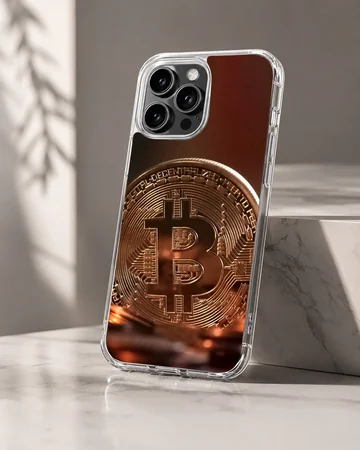 Close-up of a Bitcoin design on a phone case — Hero