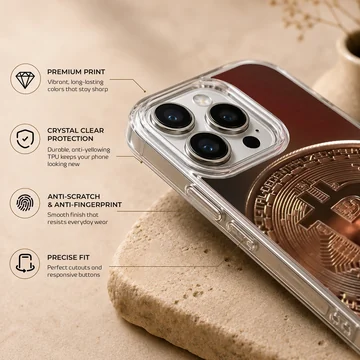 Close-up of a Bitcoin design on a phone case — Info