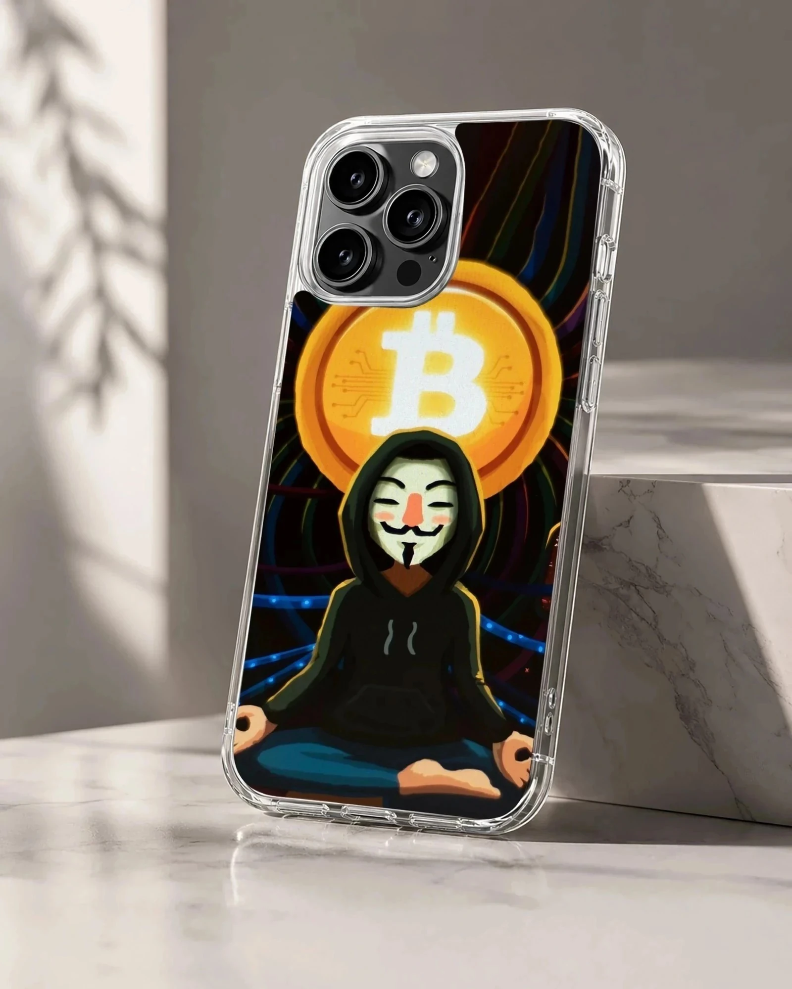 Edgy digital illustration featuring crypto design on a phone case