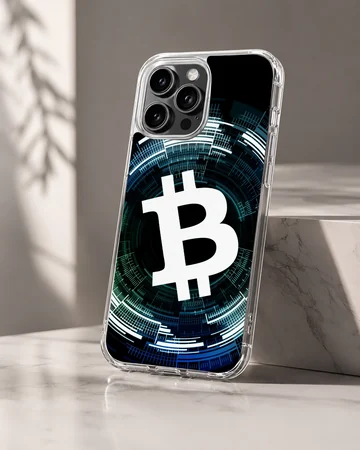 Dynamic Bitcoin design on a black background phone case — Hero