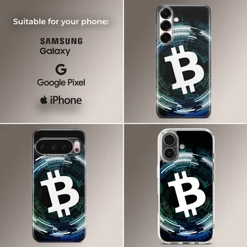 Dynamic Bitcoin design on a black background phone case — Collage