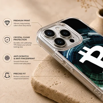 Dynamic Bitcoin design on a black background phone case — Info