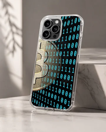 Dynamic Bitcoin design with binary code on the phone case — Hero