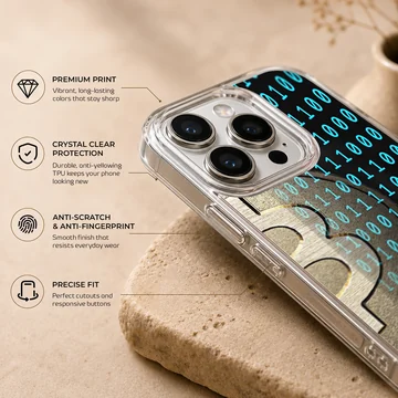 Dynamic Bitcoin design with binary code on the phone case — Info