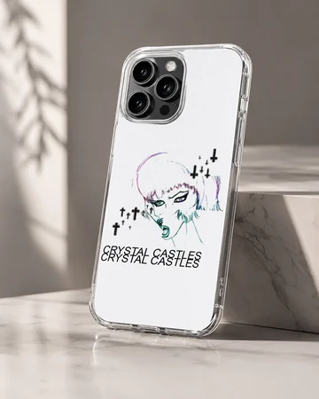 Edgy illustration of a character with 'Crystal Castles' text on a phone case — Hero