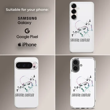 Edgy illustration of a character with 'Crystal Castles' text on a phone case — Collage