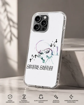 Edgy illustration of a character with 'Crystal Castles' text on a phone case — Specs
