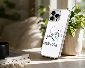 Edgy illustration of a character with 'Crystal Castles' text on a phone case — Lifestyle