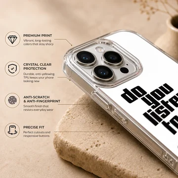 Bold typography design with text 'Do You Listen To?' on phone case — Info