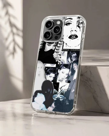 Edgy black and white collage design featuring Crystal Castles on phone case