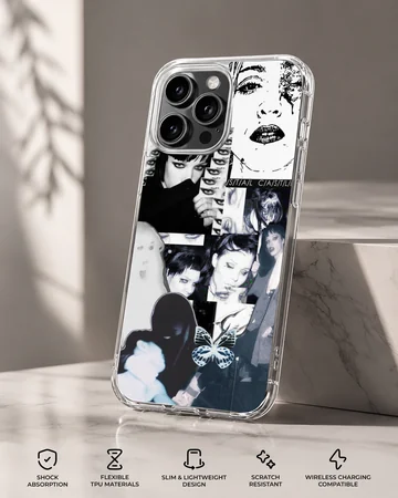 Edgy black and white collage design featuring Crystal Castles on phone case — Specs