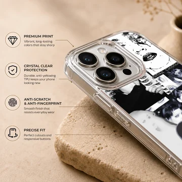 Edgy black and white collage design featuring Crystal Castles on phone case — Info