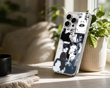 Edgy black and white collage design featuring Crystal Castles on phone case — Lifestyle