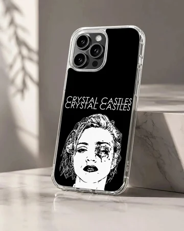 Bold monochrome artwork featuring Crystal Castles on a phone case