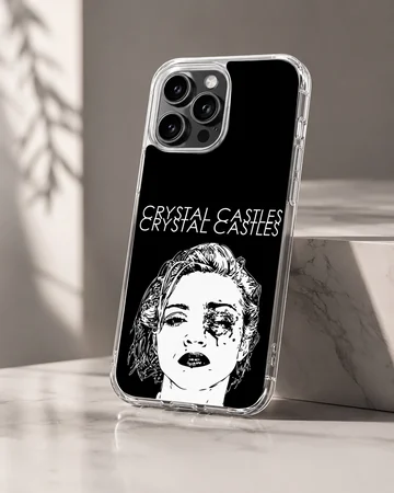 Bold monochrome artwork featuring Crystal Castles on a phone case — Hero