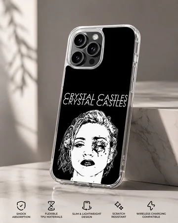 Bold monochrome artwork featuring Crystal Castles on a phone case — Specs