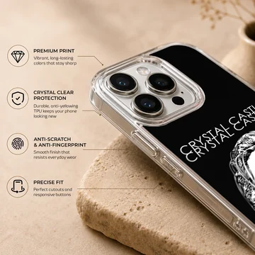 Bold monochrome artwork featuring Crystal Castles on a phone case — Info