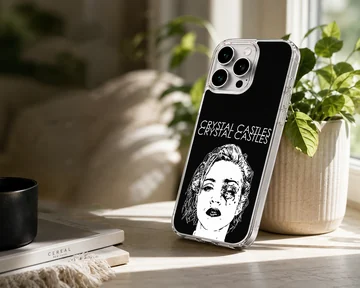 Bold monochrome artwork featuring Crystal Castles on a phone case — Lifestyle