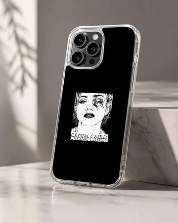 Edgy black and white artwork depicting Crystal Castles on a phone case