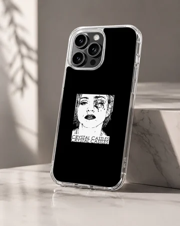 Edgy black and white artwork depicting Crystal Castles on a phone case — Hero