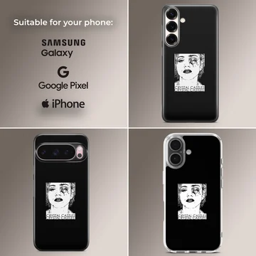 Edgy black and white artwork depicting Crystal Castles on a phone case — Collage