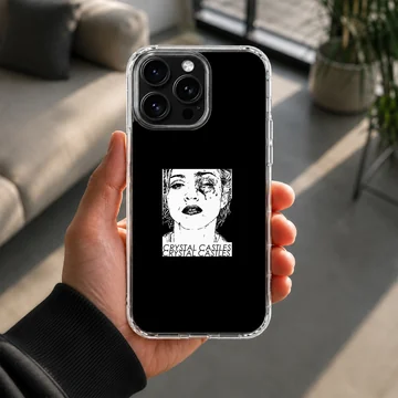 Edgy black and white artwork depicting Crystal Castles on a phone case — Lifestyle