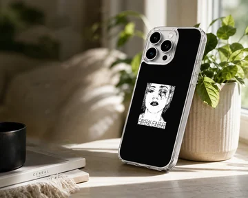 Edgy black and white artwork depicting Crystal Castles on a phone case — Lifestyle