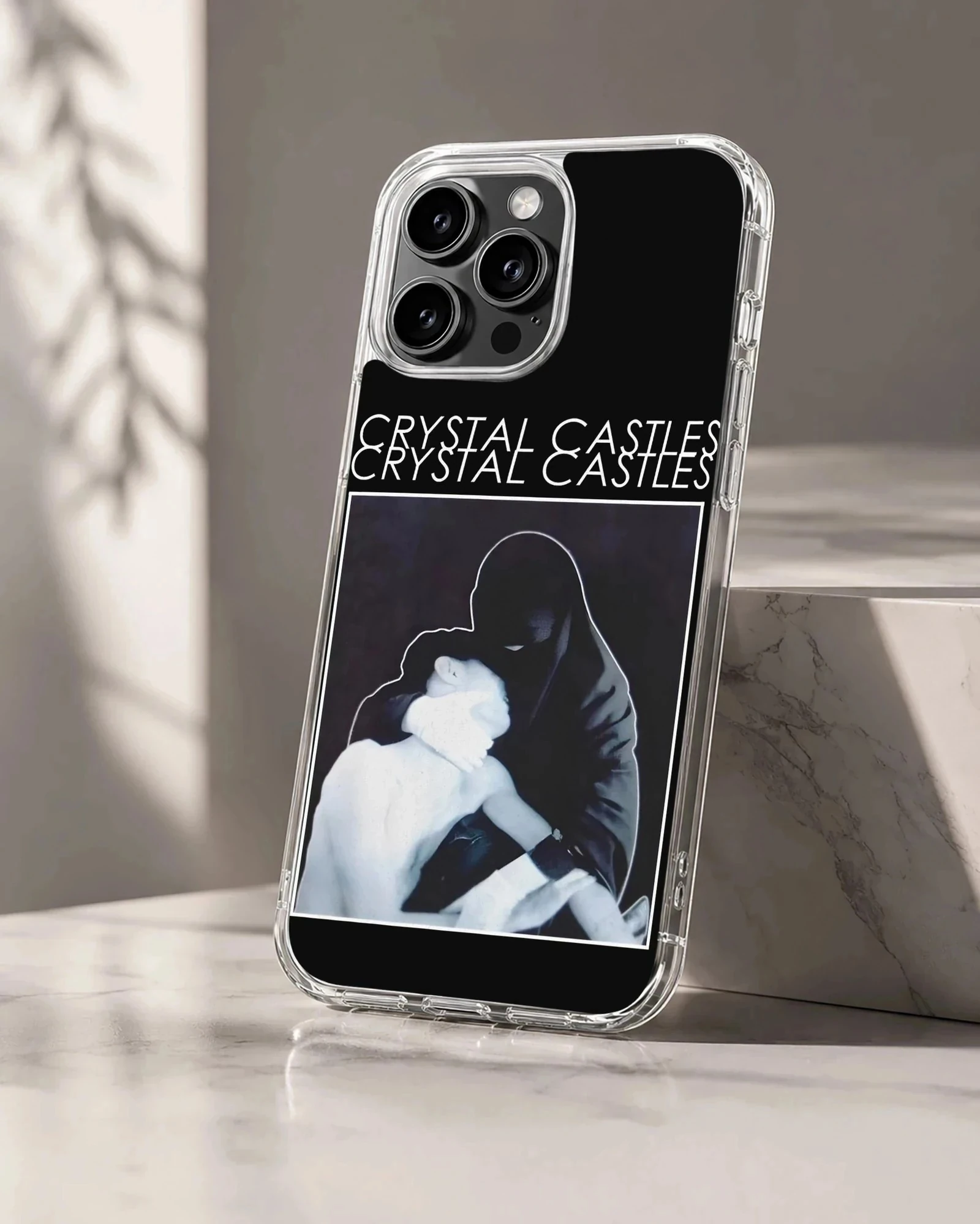 Striking black and white artwork for Crystal Castles phone case