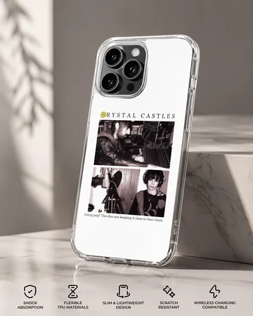 Crystal Castles artwork phone case featuring dynamic black and white design — Specs