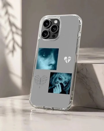 Edgy artwork featuring emotional expressions on a phone case