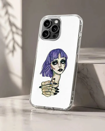 Edgy illustration of a girl with purple hair on a phone case
