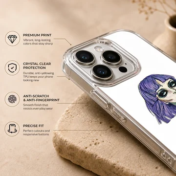 Edgy illustration of a girl with purple hair on a phone case — Info